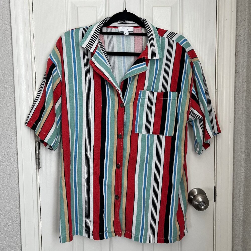 Topshop Stripe Oversize Linen Blend Button-Up Shirt - Size 2/XS